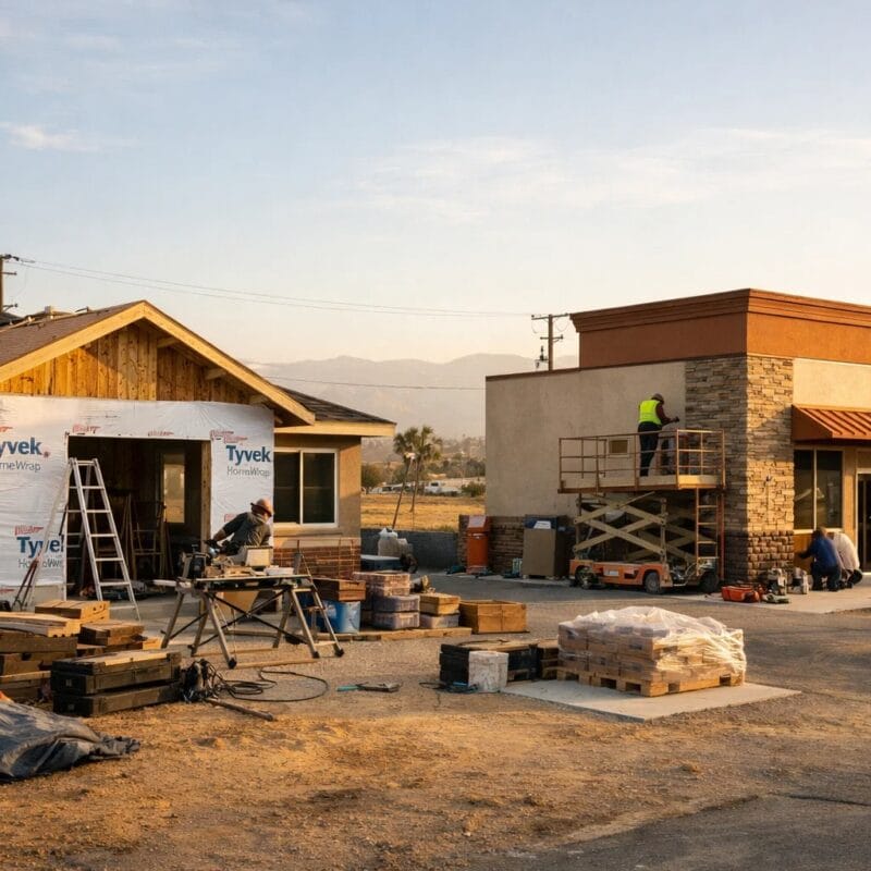 A professional construction scene in the Antelope Valley showing a residential home and a small commercial building under improvement.