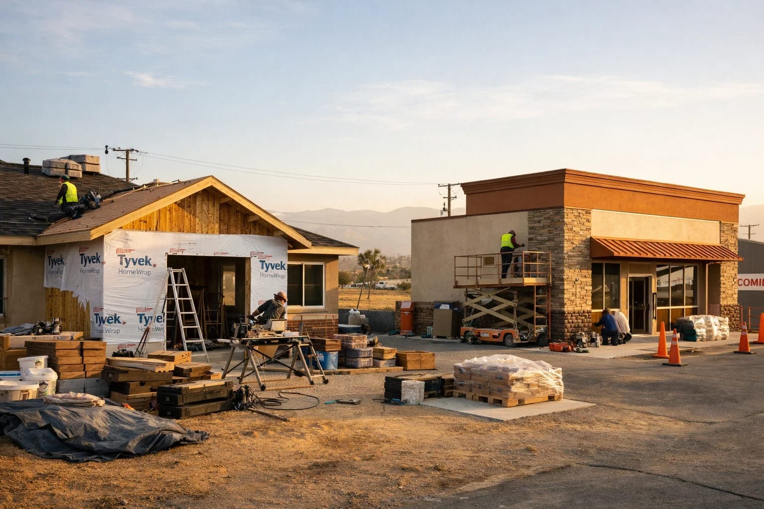 A professional construction scene in the Antelope Valley showing a residential home and a small commercial building under improvement.