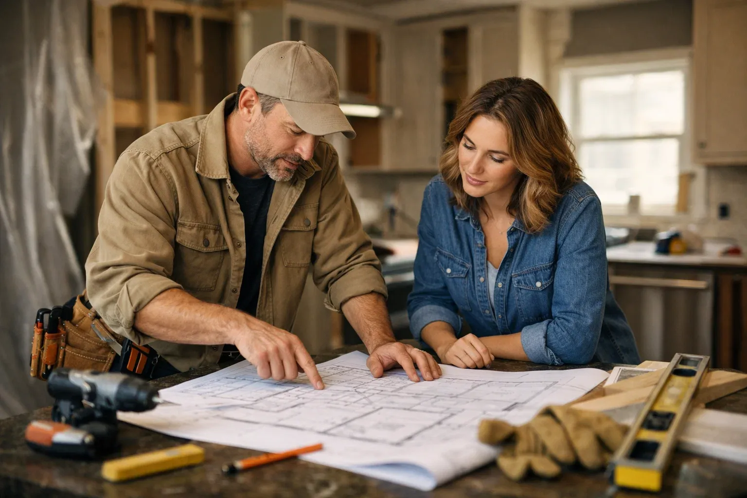 A professional residential contractor reviewing blueprints with a homeowner in a modern kitchen
